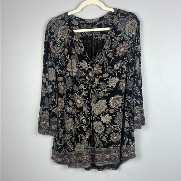 Lucky Brand Floral Black Brown and Gray 3/4 Sleeve Blouse Size 2X - Picture 2 of 13